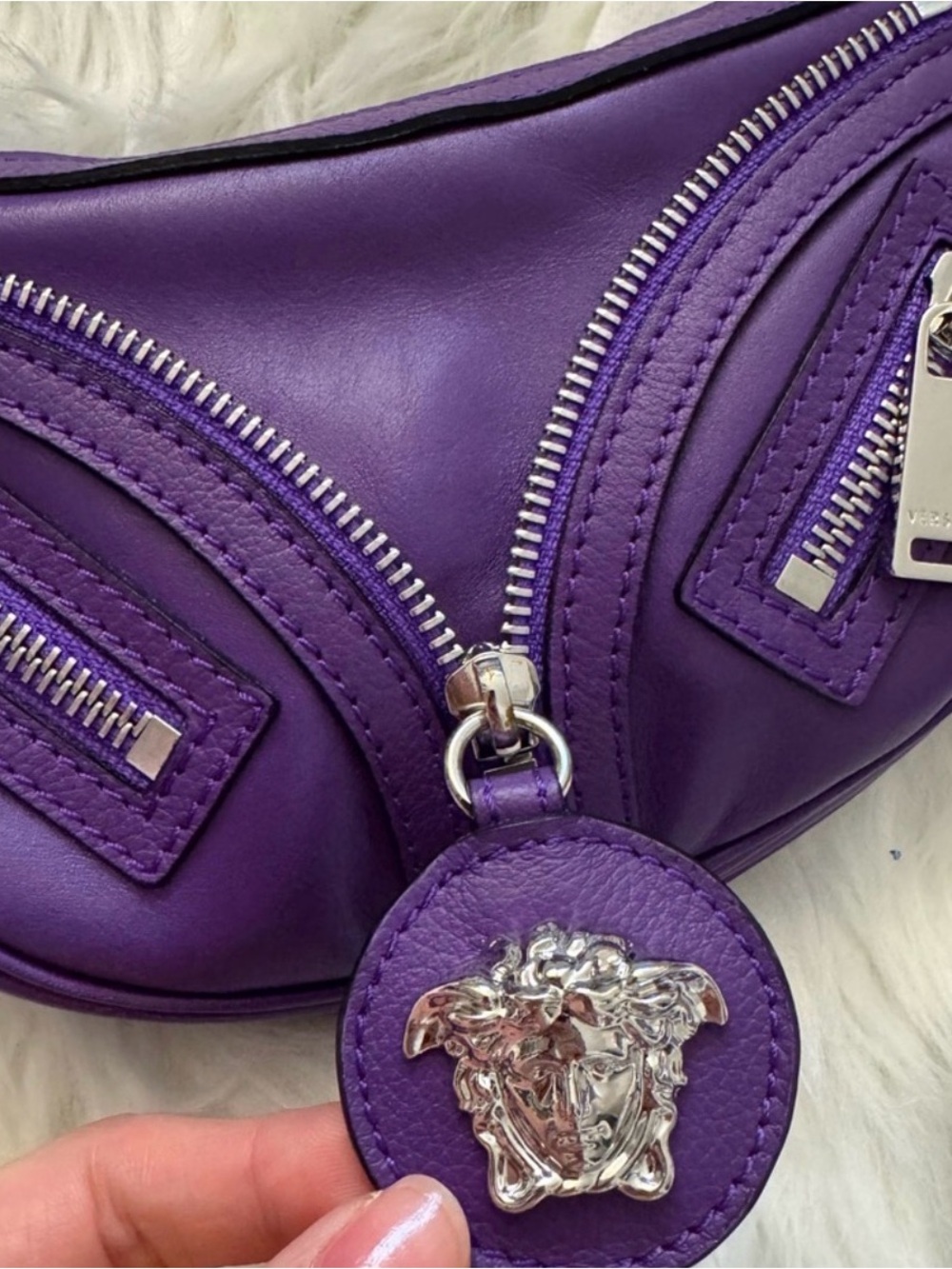 Versace Purple Crescent Shoulder Bag with Silver Hardware